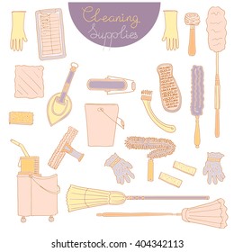 Hand drawn cleaning supplies isolated on white background. Broom, mop, cleaning caddy, extendable duster, gloves, ceiling fan duster, scrub brushes, window cleaner, sponge, cloths, checklist.
