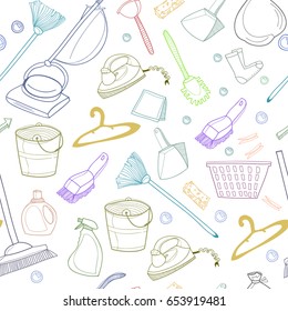 Hand drawn cleaning tools. Doodle elements. Colored graphic vector seamless pattern