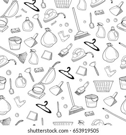 Hand drawn cleaning tools. Doodle elements. Graphic vector seamless pattern