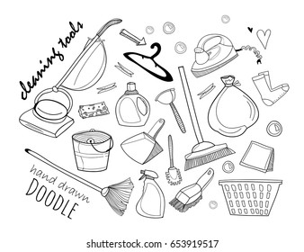 Hand drawn cleaning tools. Doodle elements. Graphic vector set