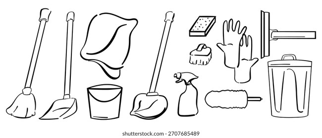 Hand Drawn Cleaning Tools Icon Set – Doodle Style Vector