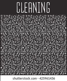 Hand drawn cleaning tools seamless logo, doodles elements, seamless background. sketchy illustration 