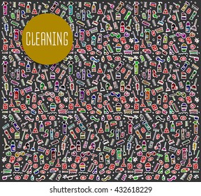 Hand drawn cleaning tools seamless logo, tools doodles elements, seamless background. sketchy illustration 