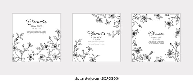 Hand drawn clematis floral greeting card with line art on white backgrounds.