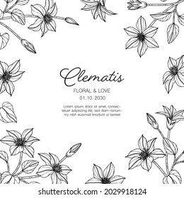 Hand drawn clematis floral greeting card with line art on white backgrounds.