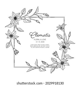 Hand drawn clematis floral greeting card with line art on white backgrounds.