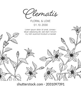 Hand drawn clematis floral greeting card with line art on white backgrounds.