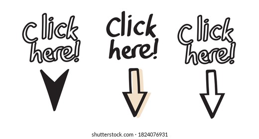 Hand Drawn Click Here With Arrow Vector Illustration. Sticker Set For Social Media, Web, Video, Poster, Print And Card.