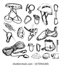 Hand drawn climbing equipment set. 