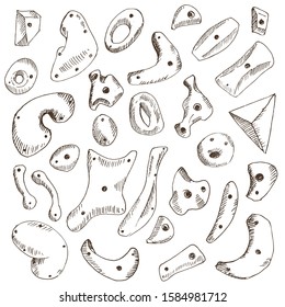 Hand drawn climbing grips. Grips of climbing and bouldering wall. Climing holds. Sketch.