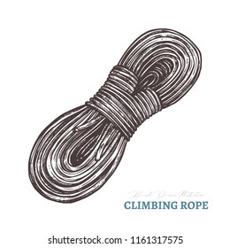 Hand drawn climbing rope. Isolated vector illustration in sketch engraving style