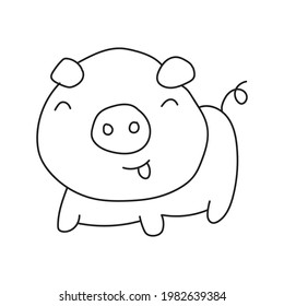 hand drawn clip art animal, cute funny pig, animal line drawing illustration for kid coloring