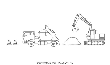 Hand drawn clip art color children set of construction mini excavator, dump truck, and traffic cones