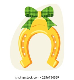 Hand drawn clip art of horse shoe with green Irish tartan bow tie, on isolated background. Design for St. Patrick’s day celebration, party decoration, scrapbooking, home decor, textile, paper crafts.