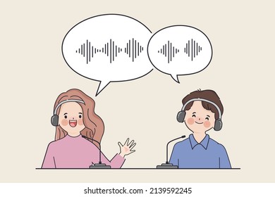 Hand drawn clip art man and woman radio host talk with guest in studio communication record podcast.