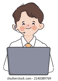 Hand drawn clip art man in customer service call center job office worker character.