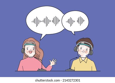 Hand drawn clip art man and woman radio host talk with guest in studio communication record podcast. Presenters of morning radio show, professions, job concept. Young smiling man and woman reporters.
