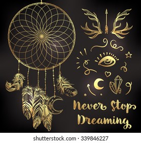 Hand drawn clip art of Native American Indian talisman dreamcatcher with feathers and moon symbol. Vector hipster illustration in gold over black background. Ethnic design, mystic tribal symbol.