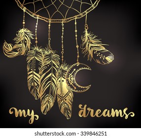 Hand drawn clip art of Native American Indian talisman dreamcatcher with feathers and moon symbol. Vector hipster illustration in gold over black background. Ethnic design, mystic tribal symbol.