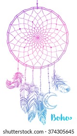 Hand drawn clip art of Native American Indian talisman dream catcher adorned with feathers and moon symbol. Vector color illustration isolated on white. Lineart. Ethnic design, mystic tribal symbol.
