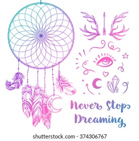 Hand drawn clip art of Native American Indian talisman dream catcher adorned with feathers and boho style symbols. Vector color illustration isolated on white. Ethnic design, mystic tribal symbol.