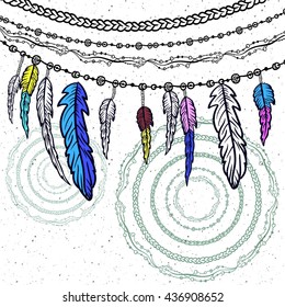 Hand Drawn Clip Art Of Native American Indian Talisman Dream Catcher Adorned With Feathers And Bead . Vector Illustration Isolated On White. Lineart. Ethnic Design, Mystic Tribal Symbol.