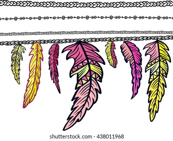 Hand drawn clip art of Native American Indian talisman dream catcher adorned with feathers and bead . Vector illustration isolated on white. Lineart. Ethnic design, mystic tribal symbol.
