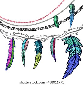 Hand drawn clip art of Native American Indian talisman dream catcher adorned with feathers and bead . Vector illustration isolated on white. Lineart. Ethnic design, mystic tribal symbol.