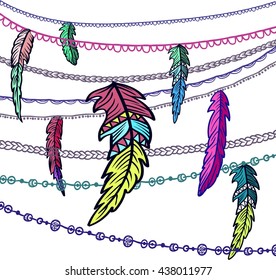 Hand drawn clip art of Native American Indian talisman dream catcher adorned with feathers and bead . Vector illustration isolated on white. Lineart. Ethnic design, mystic tribal symbol.