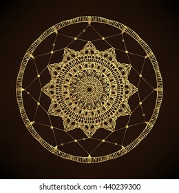 Hand drawn clip art of Native American Indian talisman dreamcatcher with feathers and moon symbol. Vector hipster illustration in gold over black background. Ethnic design, mystic tribal symbol.