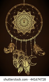 Hand drawn clip art of Native American Indian talisman dreamcatcher with feathers and moon symbol. Vector hipster illustration in gold over black background. Ethnic design, mystic tribal symbol.