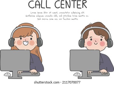 Hand drawn clip art people in customer service call center job office worker character.