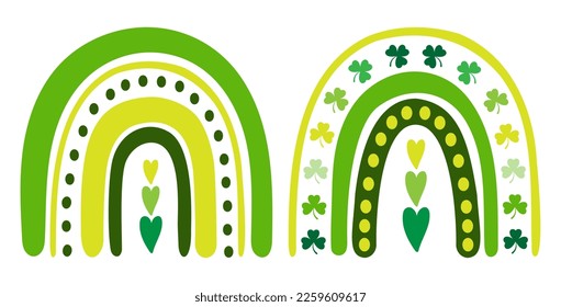 Hand drawn clip art set of Irish rainbows with hearts and lucky shamrock leaves on isolated background. Boho style design for St. Patricks day celebration, party decoration, scrapbooking, home decor.