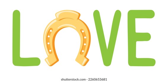 Hand drawn clip art set of love letters with lucky horseshoe on isolated background. Design for St. Patricks day celebration, party decoration, scrapbooking, home decor.