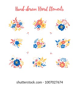 Hand drawn clipart featuring floral motifs. Vector illustration. Set of colorful design elements in modern flat style. Great for spring party decorations.
