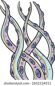 Hand drawn clipart illustration of tentacles octopus Cthulhu creatures with suckers 