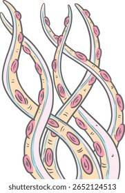 Hand drawn clipart illustration of tentacles octopus Cthulhu creatures with suckers 