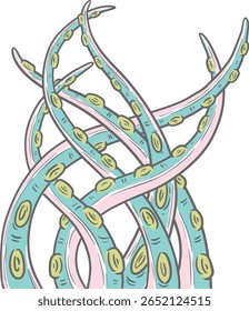 Hand drawn clipart illustration of tentacles octopus Cthulhu creatures with suckers 