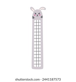 Hand drawn clipart of kawaii bookmark with face of bunny for kids. Cartoon stationery for books and reading with rabbit. Bookmark with cute animal. Vector colorful doodle of back to school supply.
