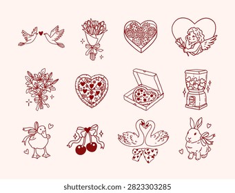 Hand drawn clipart set of bunny, bouquet of lilies, tulips flower, candy dispenser, duckling, swans in love, heart shaped pizza, chocolate covered strawberries, cherries with bow, doves. Decorative sketch artwork with romantic mood. Vector for party, holiday, valentine day, birthday, wedding