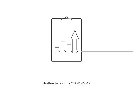 Hand drawn of clipbard. Continuous one line drawing of graph with arrow up icon. Single line art of increasing arrow. Illustration vector of bar chart sign symbol. Business growth