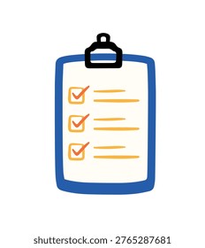 Hand drawn Clipboard with Checklist and Checkmarks in Flat Cartoon Vector Illustration isolated on transparent background
