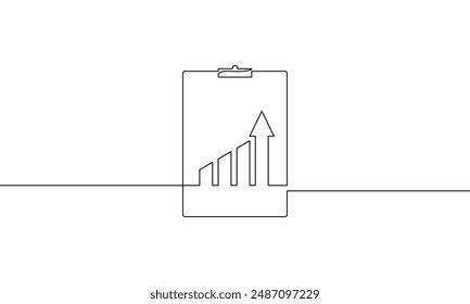 Hand drawn of clipboard with graph. Continuous one line drawing of bar chart with arrow up. Single line art of icreasing arrow. Business growth icon