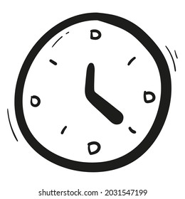 Reloj dibujado a mano e icono de alarma en estilo doodle aislado.
