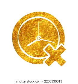Hand drawn Clock with cross sign icon in gold foil texture vector illustration