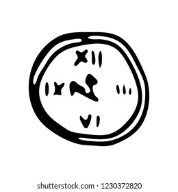 Hand drawn clock doodle. Sketch winter icon. Decoration element. Isolated on white background. Vector illustration.