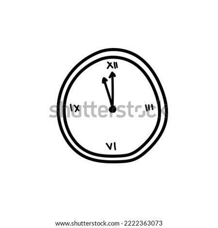 Hand drawn clock icon. A few minutes before midnight. Christmas element on white