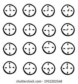 Dibujo manual del juego de relojes, diseño de doodle, estilo de círculo, ilustración vectorial