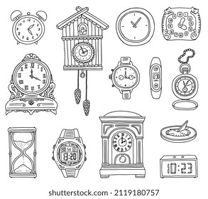 Handgezeichnete Uhr im Doodle-Stil, Vektorgrafik einzeln auf weißem Hintergrund. Moderne und Retro-Wand-, Handgelenk-, Sand- und elektronische Uhren.