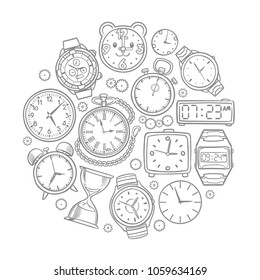 Hand drawn clock, wrist watch doodles time vector concept. Illustration of time clock and wrist watch sketch